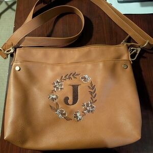 Thirty-One Tan Crossbody Bag with Floral Monogram